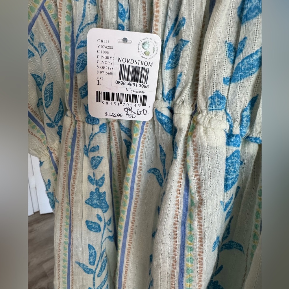 Free People Santorini Print Puff Sleeve Empire Waist Long Cotton Tunic Top NEW L - Picture 11 of 12
